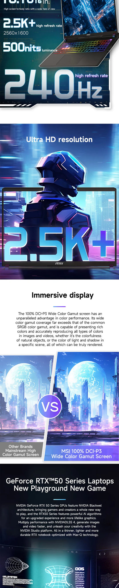 2025 MSI Vector 16 HX AI Gaming Laptop 16 Inch 2.5K 240Hz IPS Screen Notebook Ultra 9-275HX 64GB 4TB RTX5080 Netbook Computer PC