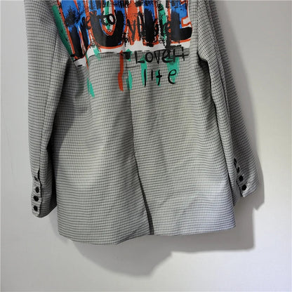 Femmes Lettres Graffiti Carreaux Blazers Manteau Carreaux Costumes Veste Mi-Longue OL Col Rabattu Cardigan Court Hauts Jaqueta