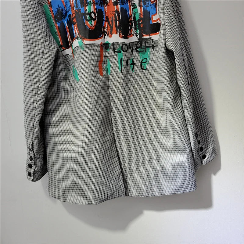 Women Letters Graffiti Checked Blazers Coat Plaids Suits Jacket Mid Length OL Turn Down Collar Cardigan Crop Tops Jaqueta