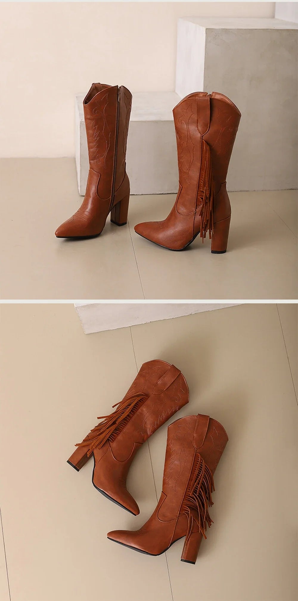 Botas De Mujer bottes De Cowboy occidentales brodées femmes mode pointu gland côté fermeture éclair genou bottes hautes chaussures gothiques 8508