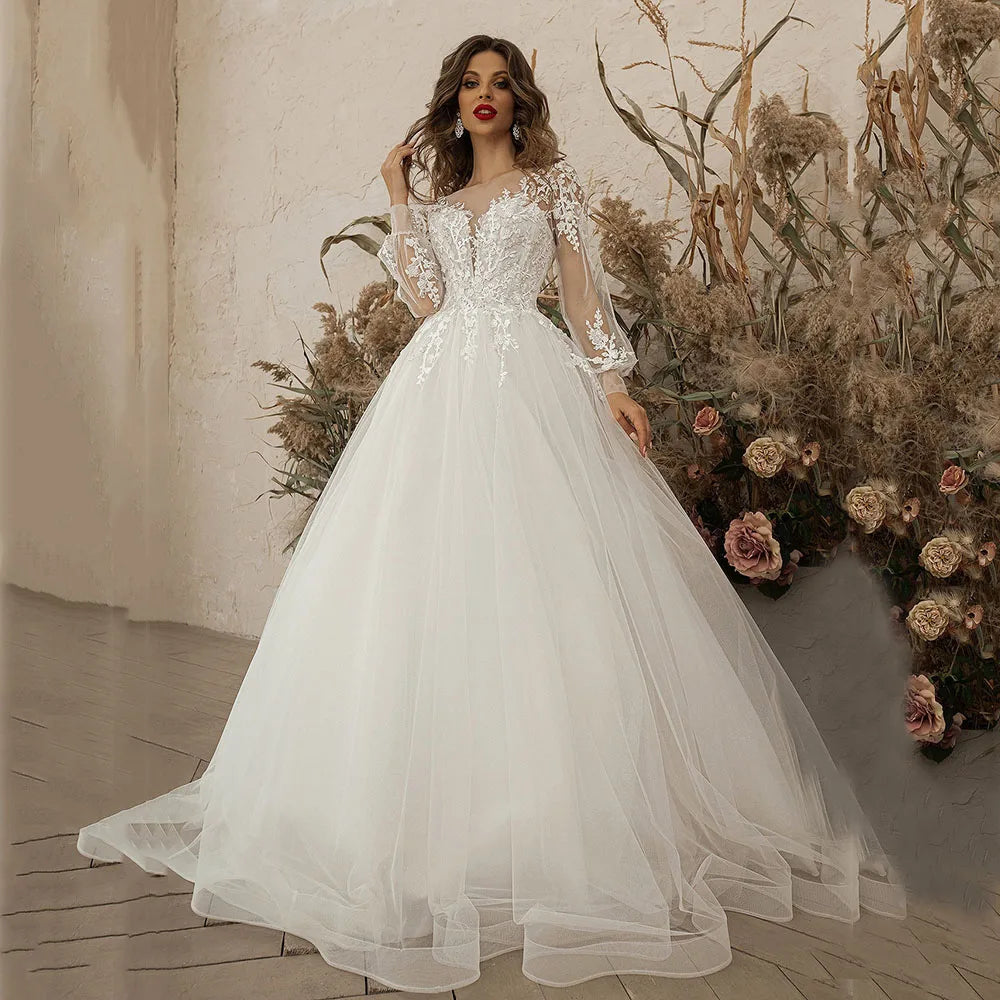 Ruhair Exquisite Ball Gown Wedding Dresses Appliques Lace Square Collar Full Sleeves Draped Robe De Mariée Engagement Plus