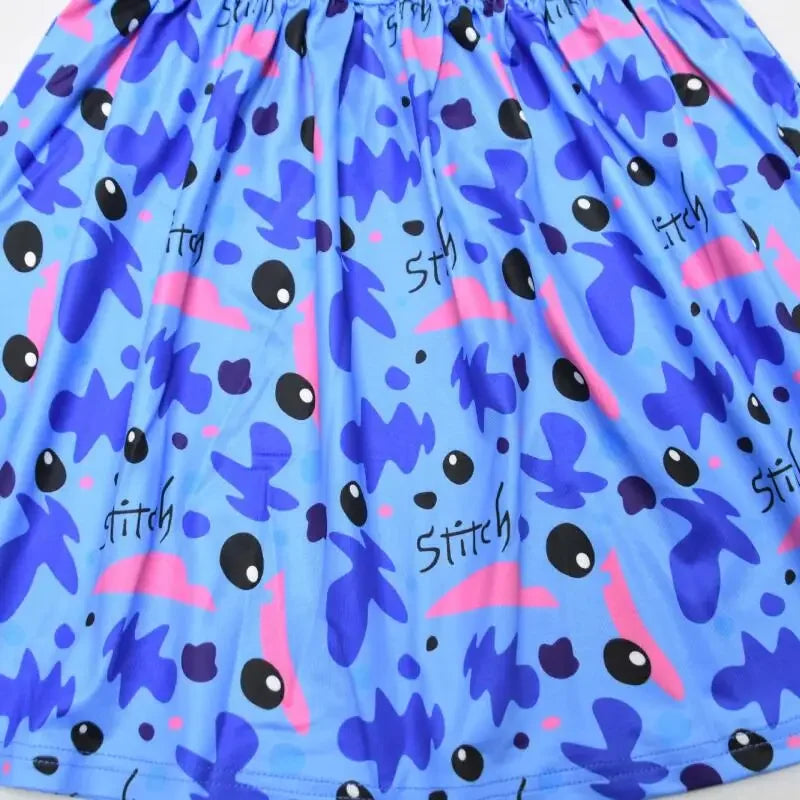 Costume de Cosplay Lilo et Stitch pour filles, robe de princesse bleue foncée imprimée, manches volantes, longueur aux genoux