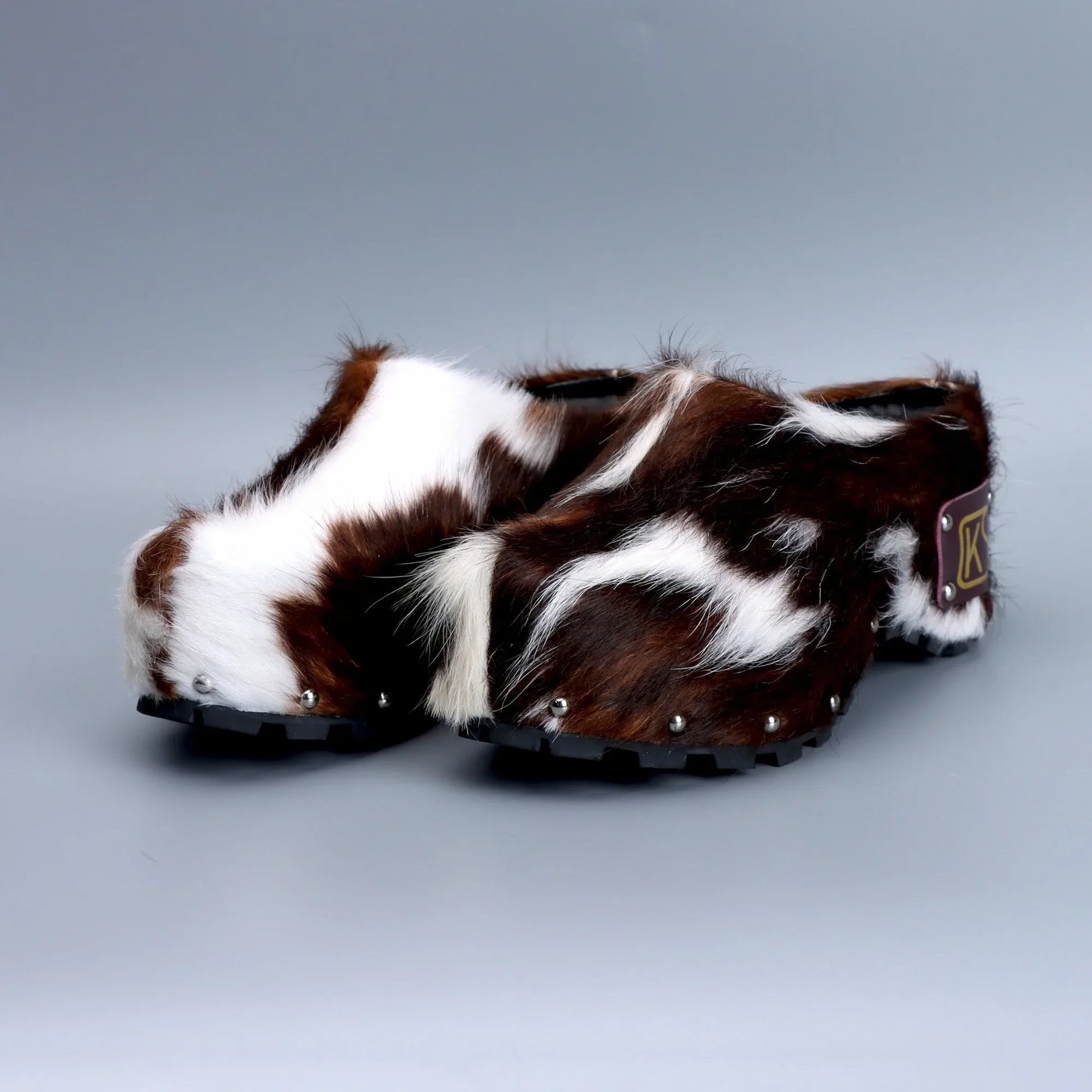 Luxury Handmade Women's Platform Fur Clogs,Studded Mules with Arch Support,Natural Calf Hair,Leather-Lined Vintage Cowboy Style