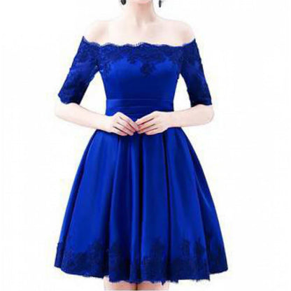 Élégantes robes de soirée épaules dénudées courtes en satin ligne A robe de cocktail avec demi-manches robe de soirée robes de bal