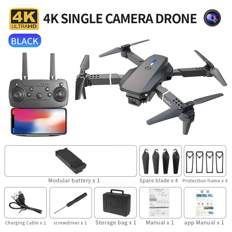 Drone FPV WiFi E88 Pro 2025 – Caméra simple/double 4K/1080P, HD grand angle, maintien d'altitude, jouet d'hélicoptère RC quadrirotor pliable