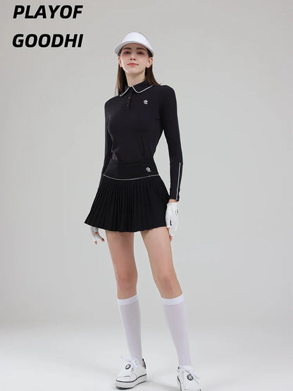Vêtements de golf pour femme - T-shirt de golf à manches longues pour femme - Hauts de golf à col polo - Jupe plissée taille haute - Jupe-short de golf avec short intérieur