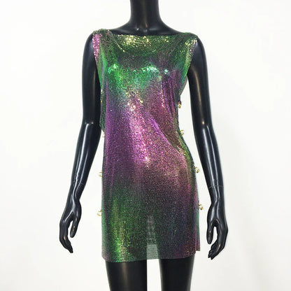 Shiny Y2k Metallic Sequins Mini Dresses For Women Sleeveless Backless Sexy Low Cut See Through Sexy Solid Clubwear Party Dress