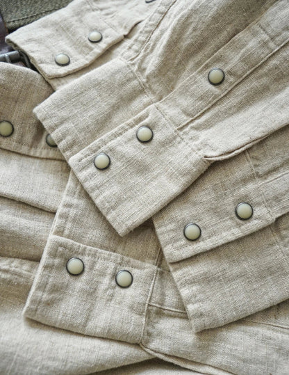Chemise en lin Western Sle pour homme, décontractée, à manches longues, de couleur unie, coupe ample, col classique, boutonnée, tendance, kaki