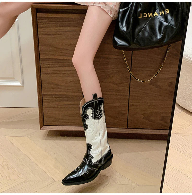 Ods Cowboy Western Boots For Women Real Leather Embroidered Pointed Toe Mid-calf Western Boot Retro Fashion Casual High Quality