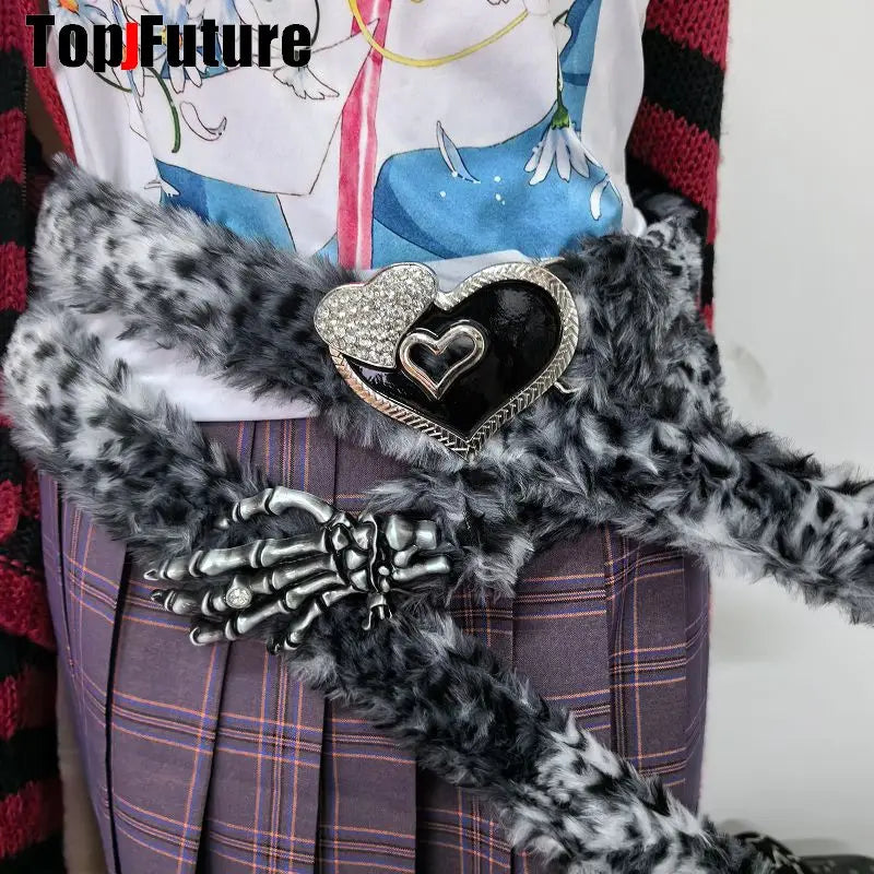 Y2K-Harajuku Western Cowboy Furry Snowleopard Punk Skull Belt, Gift for Women and Men, Girls
