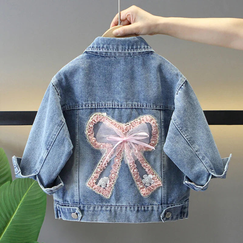 Manteau en jean pour adolescentes Printemps Automne Orné de perles Nœud papillon Veste à la mode pour enfants de 3 4 5 6 8 10 12 ans Vêtement d'extérieur décontracté