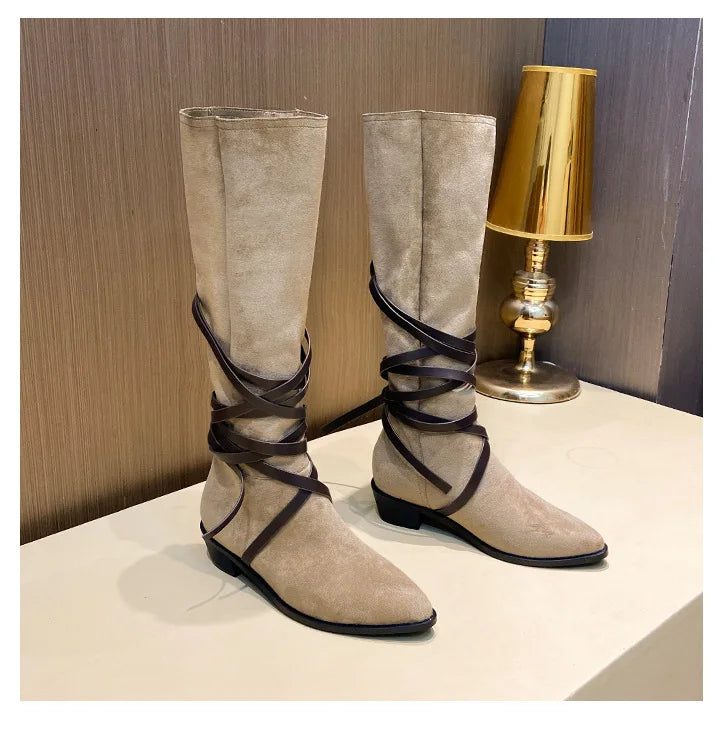 Matte Leather Gothic Western Cowboy Boots Women's Fashion Autumn New Style Pointed Toe Lace-up Retro High Top Flat Heel Boots
