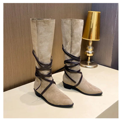 Matte Leather Gothic Western Cowboy Boots Women's Fashion Autumn New Style Pointed Toe Lace-up Retro High Top Flat Heel Boots