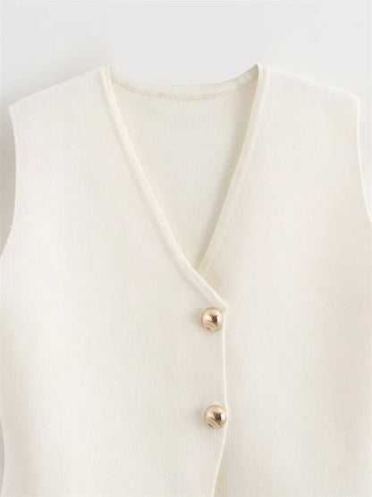 Zevity New Women Fashion V Neck Sleeveless Golden Buttons Knitted Vest Sweater Female Chic Solid Color Slim Cardigan Tops LS6273