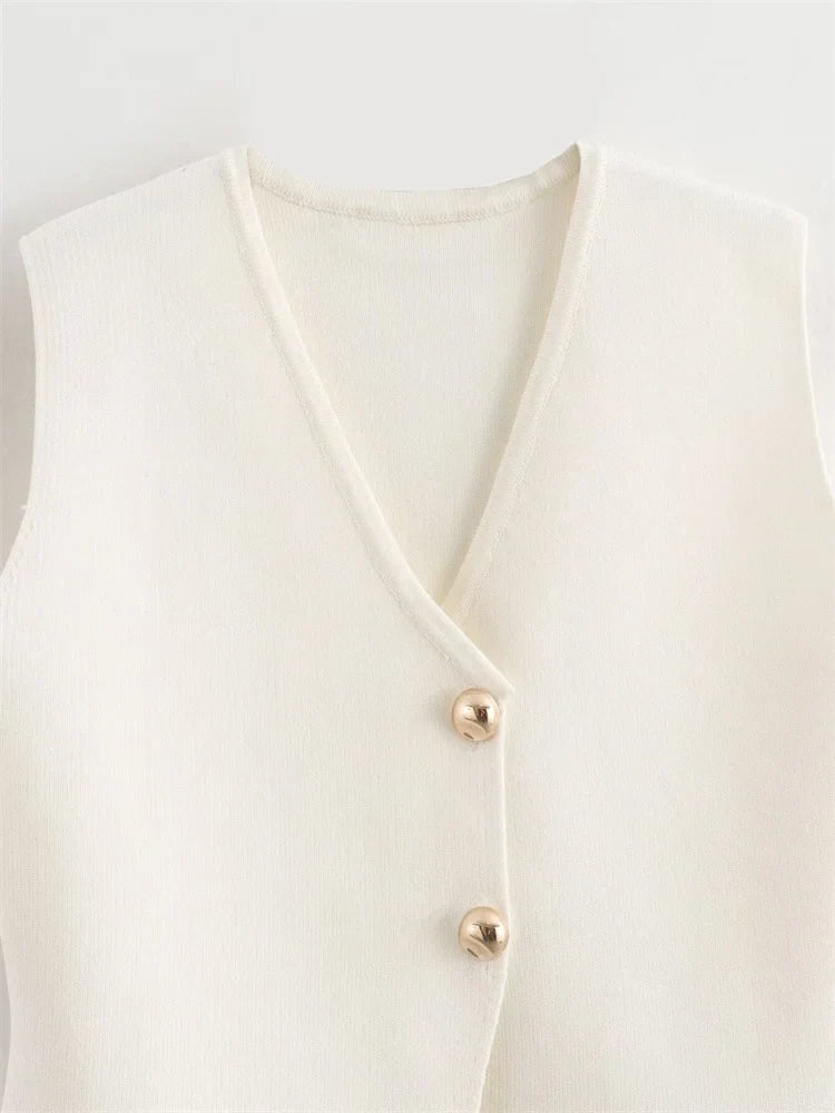 Zevity New Women Fashion V Neck Sleeveless Golden Buttons Knitted Vest Sweater Female Chic Solid Color Slim Cardigan Tops LS6273