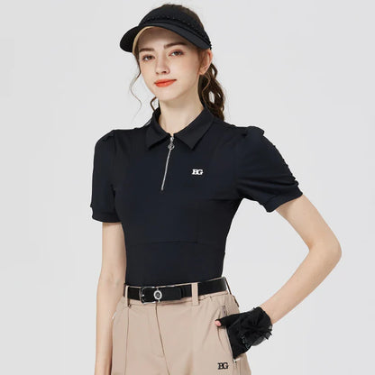 Blktee Slim Zipper Collar Golf Shirts Women Puff Short-sleeved Tops Ladies High Waist Golf Skirts Pleated Skorts with Ball Bag