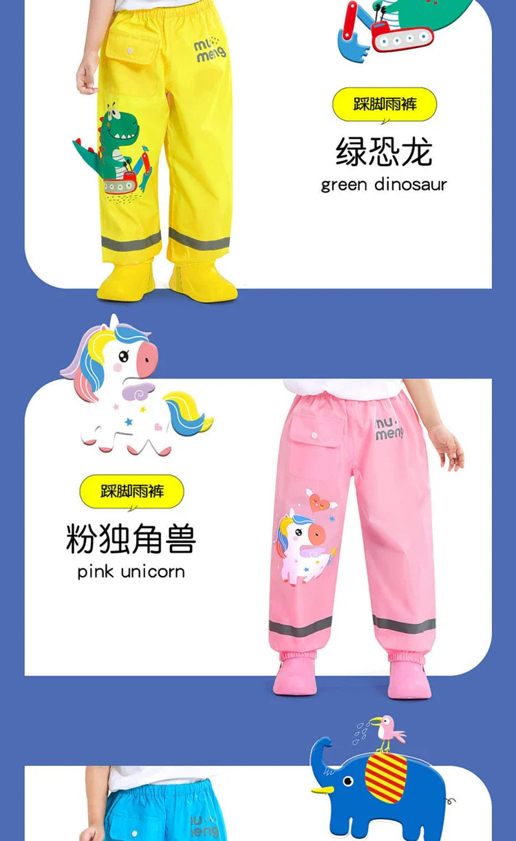 Waterproof Girls Boys Pants Toddler Kids Rain Pants Windproof Mud Trousers Kids Cartoon Dinosaur Unicorn Children Rain Pants