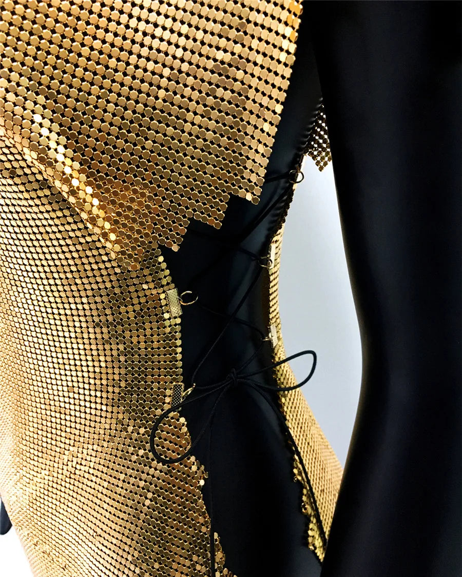 Glitter Metal Sequins Mini Dress Women Sexy Round Neck Sleeveless Side Split Bandage Dress Rave Festival Nightclub Evening Dress