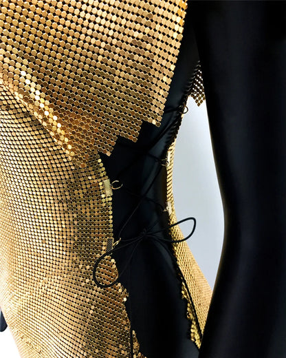 Glitter Metal Sequins Mini Dress Women Sexy Round Neck Sleeveless Side Split Bandage Dress Rave Festival Nightclub Evening Dress