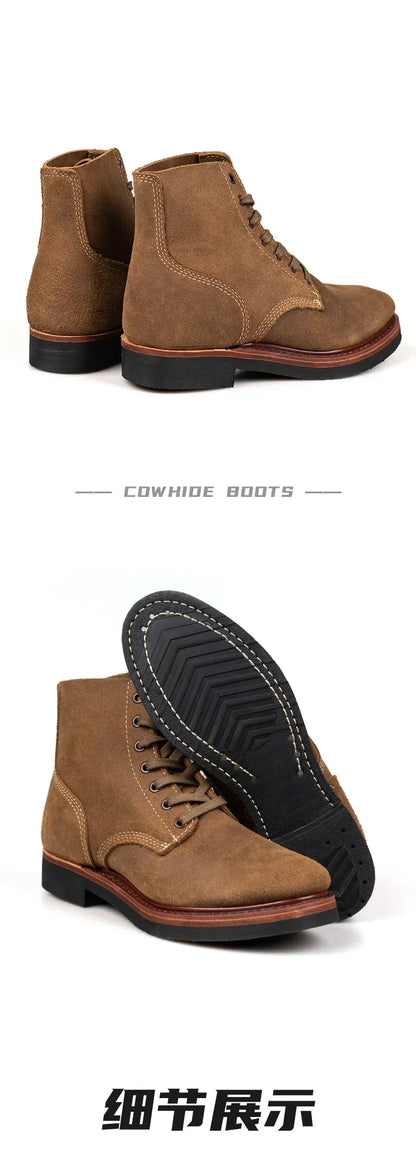 Bottes de Moto rétro en cuir de vache, montantes, durables, soudées Goodyear, chaussures de marche résistantes à l'usure pour hommes