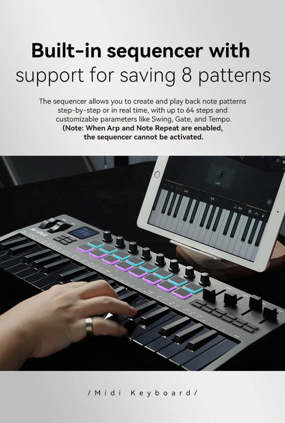 Clavier MIDI M-VAVE All Black PRO 37 touches, 16 tampons RGB, 4 faders, 8 encodeurs, moteur de synthétiseur FM DX-7 intégré, 5 couleurs en option