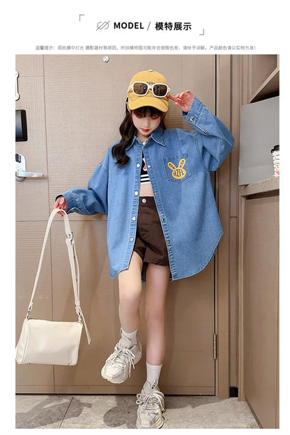 Chemisiers en Denim de Cowgirl de haute couture avec imprimé de lapin pour adolescente, chemise en Denim ample et décontractée à manches longues pour enfants