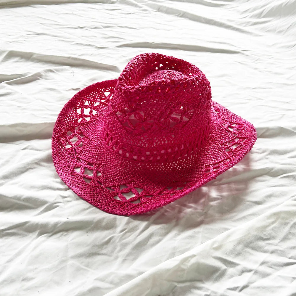Chapeau de paille de cowboy vert matcha, tissé à la main, creux, pour hommes et femmes, chapeau de soleil d'été, chapeau de paille de cowboy occidental