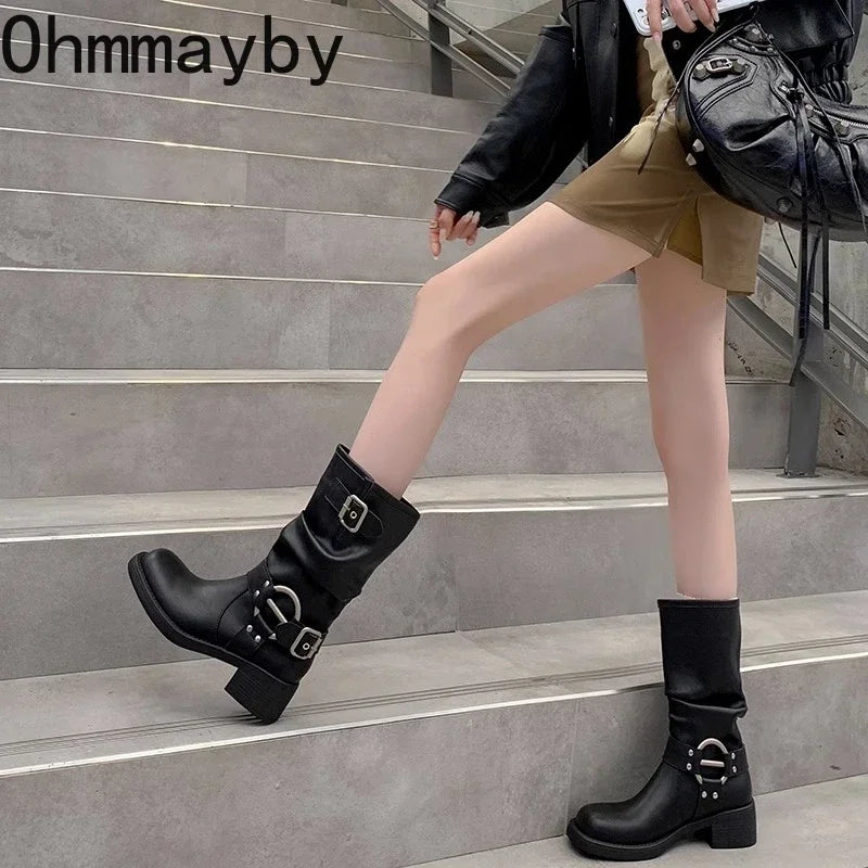 Bottes d'hiver de cowboy pour femmes, bottines décontractées à enfiler, fond épais, style moderne