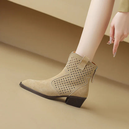 2025 Spring Autumn Chelsea Boots for Woman Cow Suede Pointy Toe Wedge Heel Ankle Boots Cutouts Comfortable Cowboy Boots Female