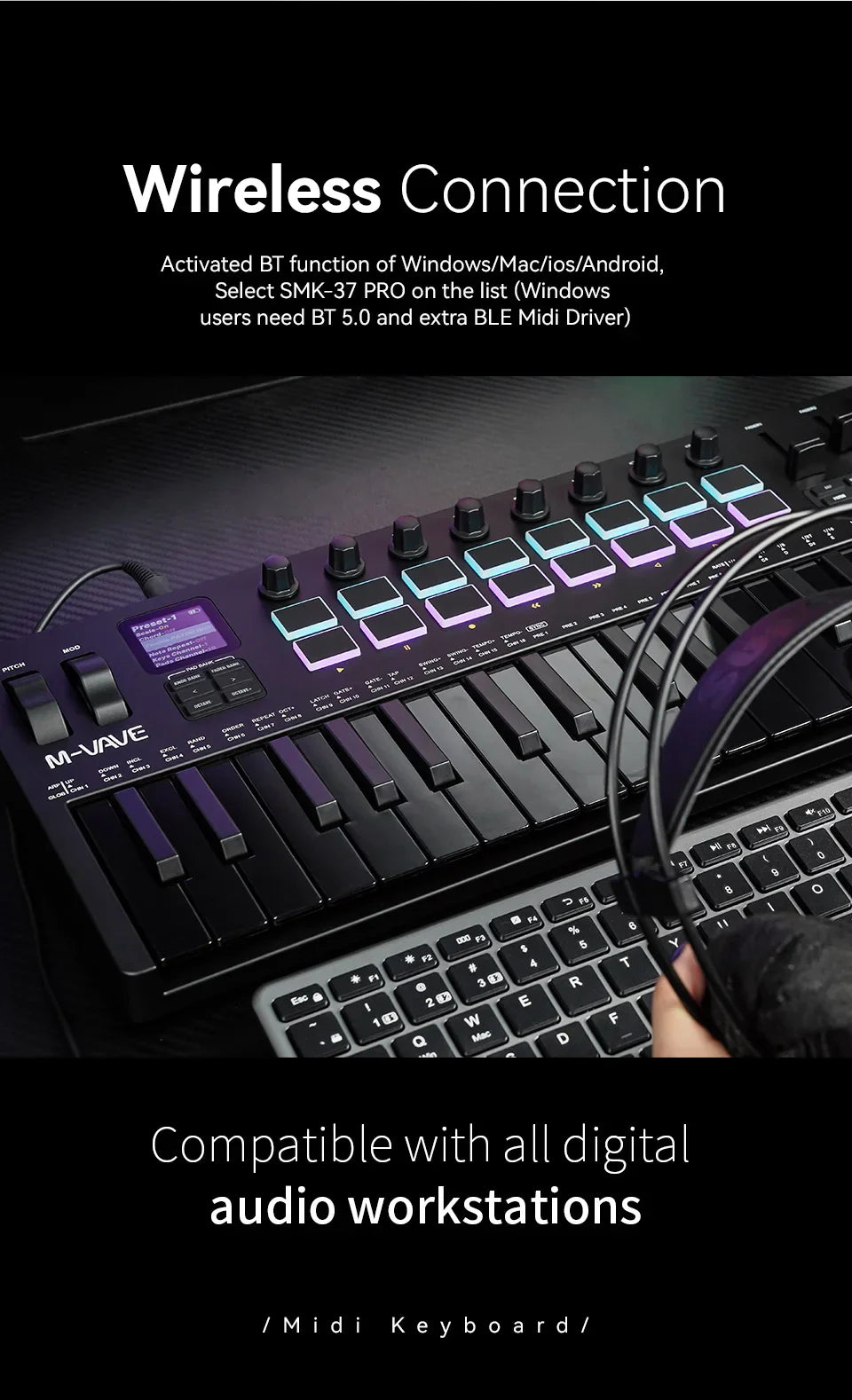 Clavier MIDI M-VAVE All Black PRO 37 touches, 16 tampons RGB, 4 faders, 8 encodeurs, moteur de synthétiseur FM DX-7 intégré, 5 couleurs en option