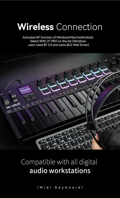 Clavier MIDI M-VAVE All Black PRO 37 touches, 16 tampons RGB, 4 faders, 8 encodeurs, moteur de synthétiseur FM DX-7 intégré, 5 couleurs en option
