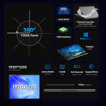 Ordinateur portable tablette 2 en 1 CHUWI MiniBook X Intel N150 CPU Écran FHD IPS 10,51" 12 Go LPDDR5 512 Go SSD Windows 11 1200*1920