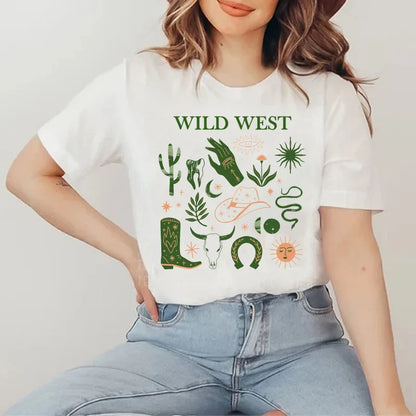 T-shirts graphiques mignons style cow-girl Far West Rodéo Western T-shirt femme vintage bohème T-shirt hippie d'été hauts rétro