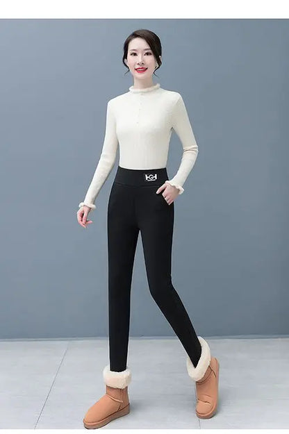 Leggings en laine d'agneau femmes taille haute Leggings chauds en plein air marche pantalons décontractés extensible maigre avec poche Leggings élégants