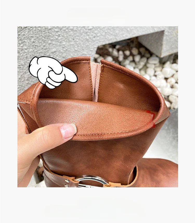 Designer Luxury Brand Retro Real Leather Brown Cropped Cowboy Boots Chunky Heel Sleeve Square Punk Style Botas Mujer Hot Selling