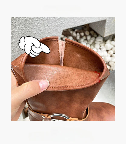 Designer Luxury Brand Retro Real Leather Brown Cropped Cowboy Boots Chunky Heel Sleeve Square Punk Style Botas Mujer Hot Selling