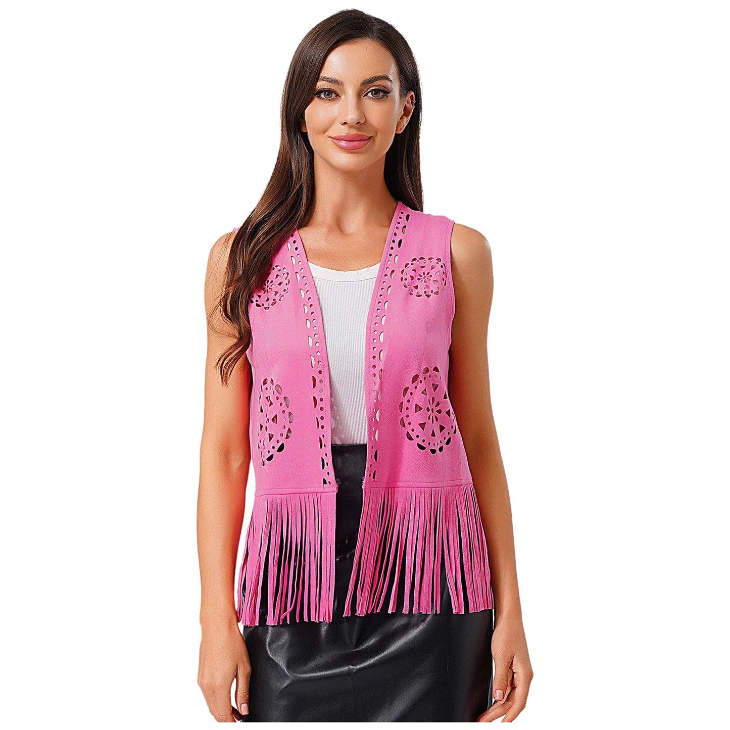 Costume de Cosplay Hippie pour femmes, Cowgirl occidentale, Vintage, débardeur à franges ajourées, gilet à franges, gilet Disco des années 70 en Faux daim