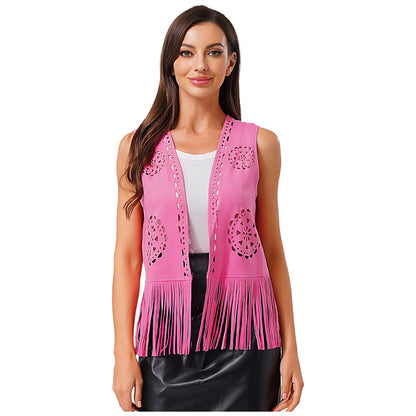 Costume de Cosplay Hippie pour femmes, Cowgirl occidentale, Vintage, débardeur à franges ajourées, gilet à franges, gilet Disco des années 70 en Faux daim