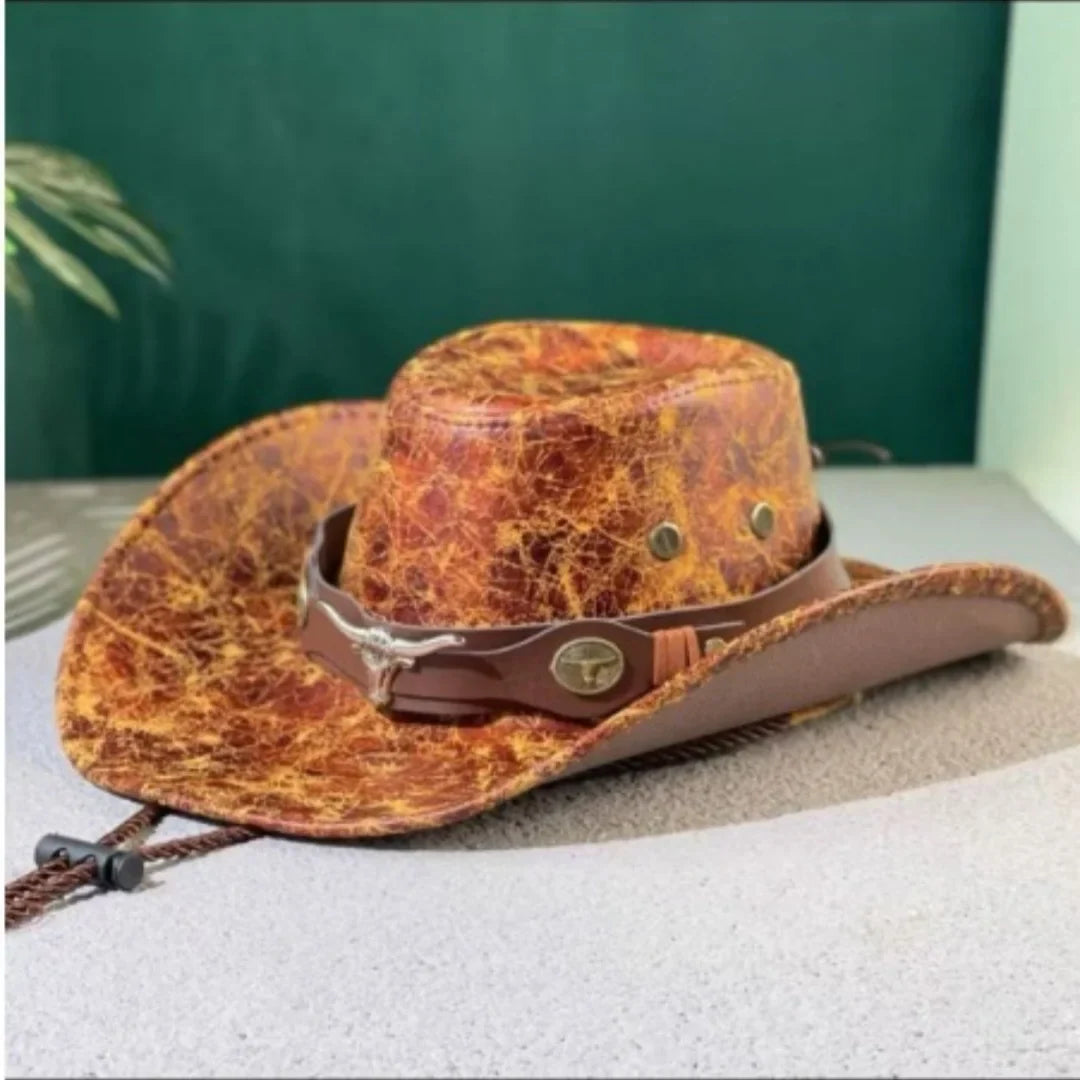 Chapeau de Cowboy occidental Vintage, ceinture de tête de bœuf, chapeaux Fedora à rivets pour hommes et femmes, voyage en plein air, à large bord, en cuir PU, casquettes de Cowgirl unisexes