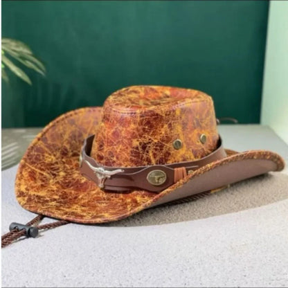 Chapeau de Cowboy occidental Vintage, ceinture de tête de bœuf, chapeaux Fedora à rivets pour hommes et femmes, voyage en plein air, à large bord, en cuir PU, casquettes de Cowgirl unisexes