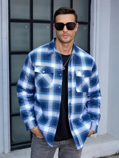 TACVASEN Winter Plaid Cotton Jackets Mens Long Sleeve Quilted Lined Flannel Shirt Jacket Multi-Pockets Outwear Hiking Coats Tops