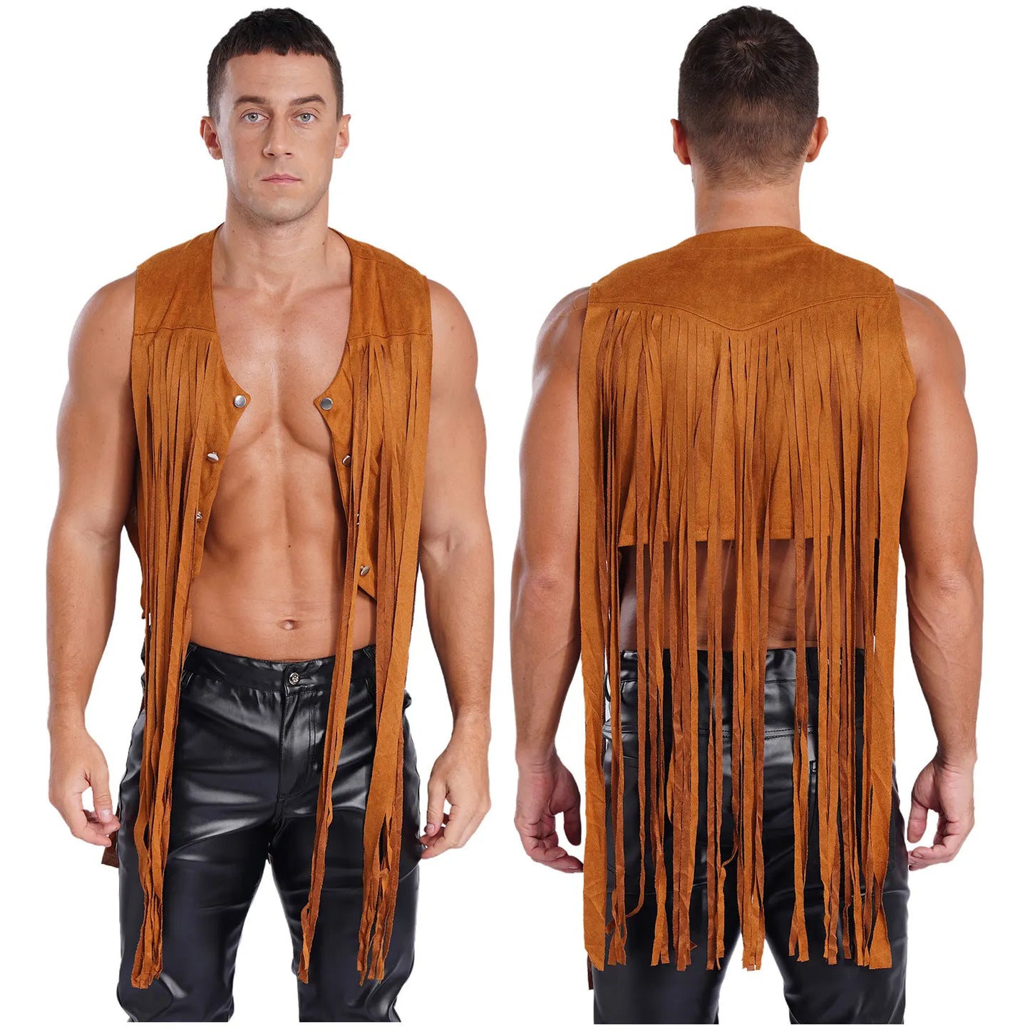 Gilet de costume de cosplay cow-boy occidental pour hommes, gilet hippie disco années 60, en faux daim, avec pompons, cardigan pour fête costumée d'Halloween ou de carnaval