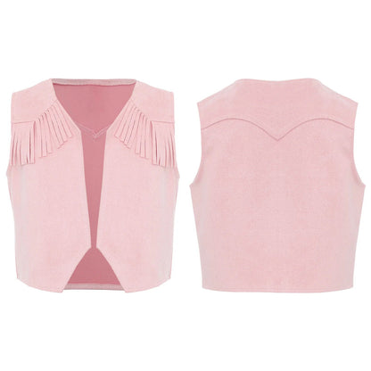 Gilet de Cowboy occidental pour enfants, garçons et filles, Costume de Cosplay d'halloween, pompon en daim, manteau ouvert sur le devant, hauts