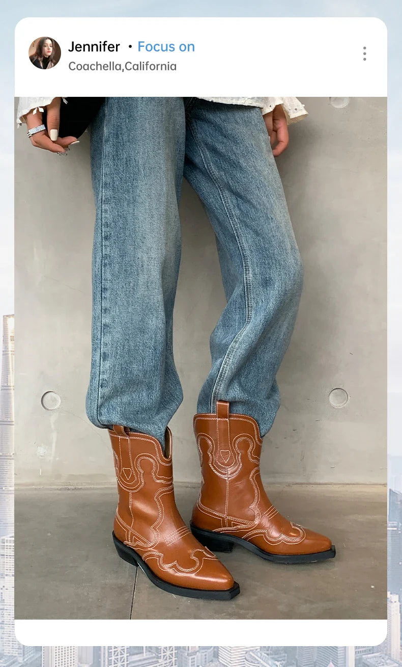 Ods Cowboy Western Boots For Women Real Leather Embroidered Pointed Toe Mid-calf Western Boot Retro Fashion Casual High Quality