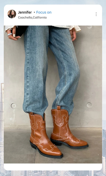Ods Cowboy Western Boots For Women Real Leather Embroidered Pointed Toe Mid-calf Western Boot Retro Fashion Casual High Quality