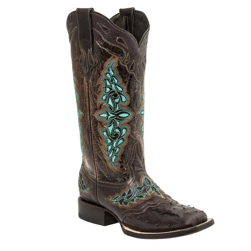 Autumn and Winter Women's Square Toe Thick Heel Colorful Patterned Knight Boots Embroidered Color-Blocked No Slip Women Boots