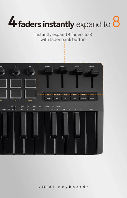 Clavier MIDI M-VAVE All Black PRO 37 touches, 16 tampons RGB, 4 faders, 8 encodeurs, moteur de synthétiseur FM DX-7 intégré, 5 couleurs en option
