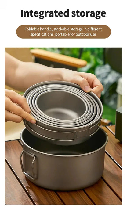 Vaisselle de Camping en plein air, ensemble d'ustensiles de cuisine en titane, marmite, poêle à frire avec poignées pliables, pique-nique cuisine randonnée Trekking