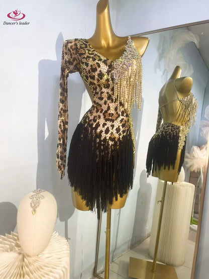 Robe de danse latine haut de gamme, personnalisée, coupe ajustée, imprimé léopard, jupe à franges noire, Samba Tango, costume de scène pour femmes adultes