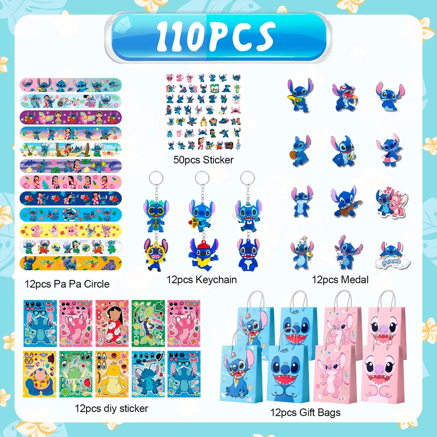 Stitch Birthday Party Favors,110 Pcs Stitchs Party Favors Set-Stitch Favor Bags,Keychains Slap Bracelets etc Stitch Themed Party